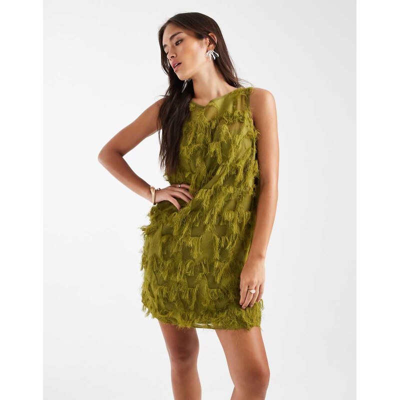 French Connection fringed chiffon mini dress in olive-Green 109138060