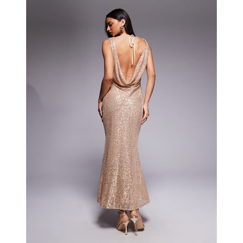 TFNC cowl neck maxi dress with open back in gold sequin