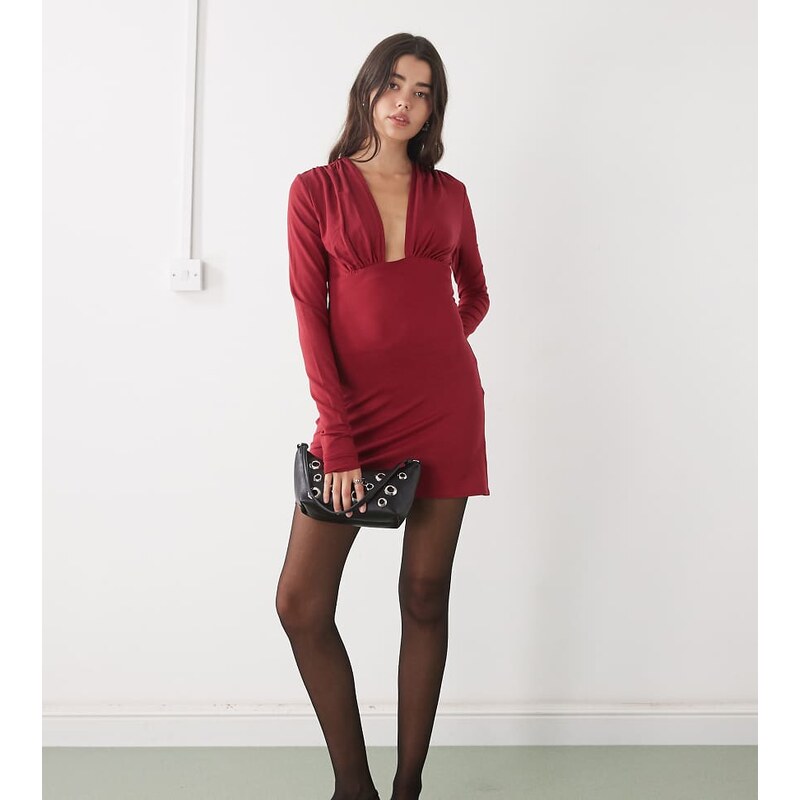 Weekday plunge long sleeve mini dress in dark red exclusive to ASOS 109138125