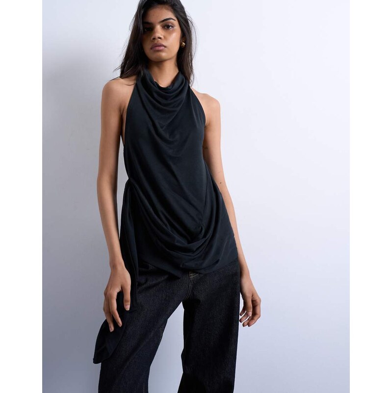 Topshop cupro draped halter top in fig-Black