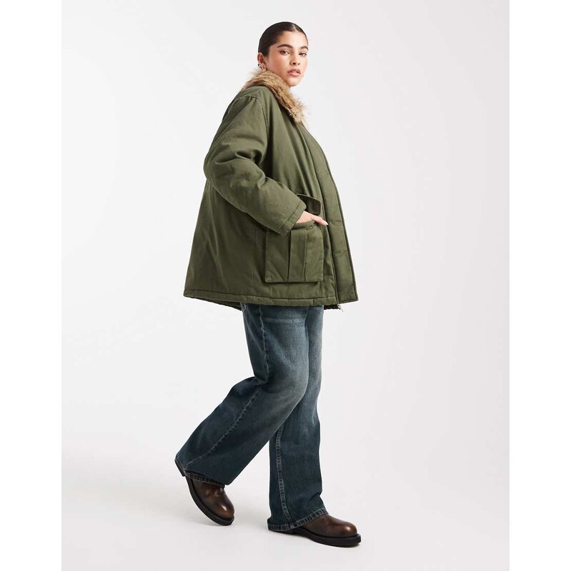 Miss Selfridge faux fur collar parka in khaki-Green
