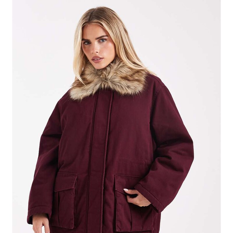 Miss Selfridge Petite faux fur collar parka in burgundy-Red 115512728