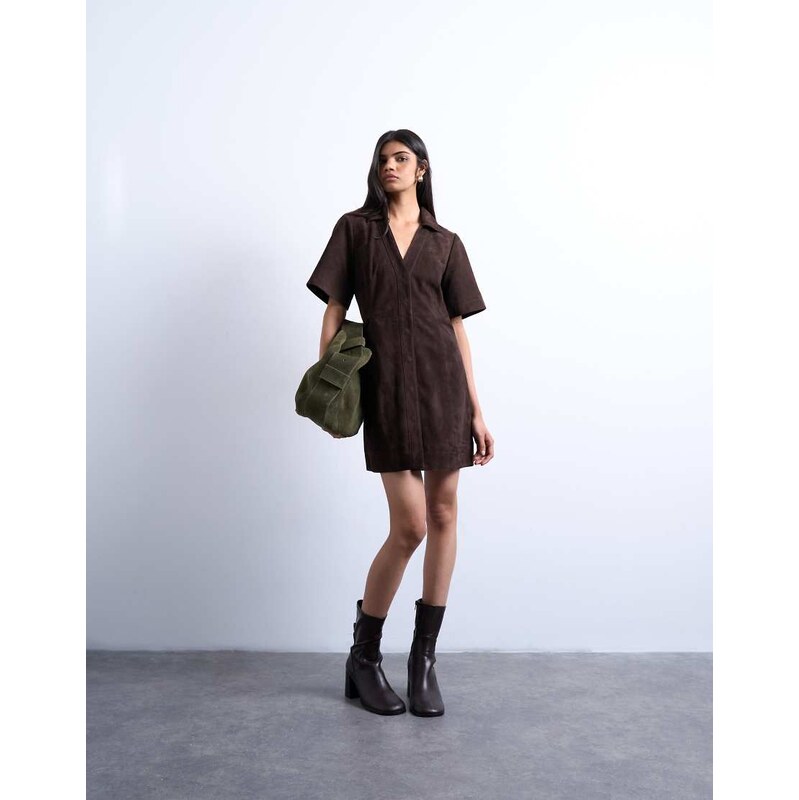 Topshop real suede open collar mini shirt dress in brown