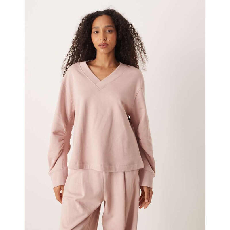 ASOS DESIGN co-ord v neck sweatshirt with waffle panel detail in pink 109470185