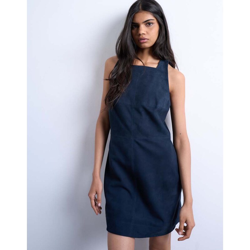 Topshop real suede square neck halter neck mini dress in navy