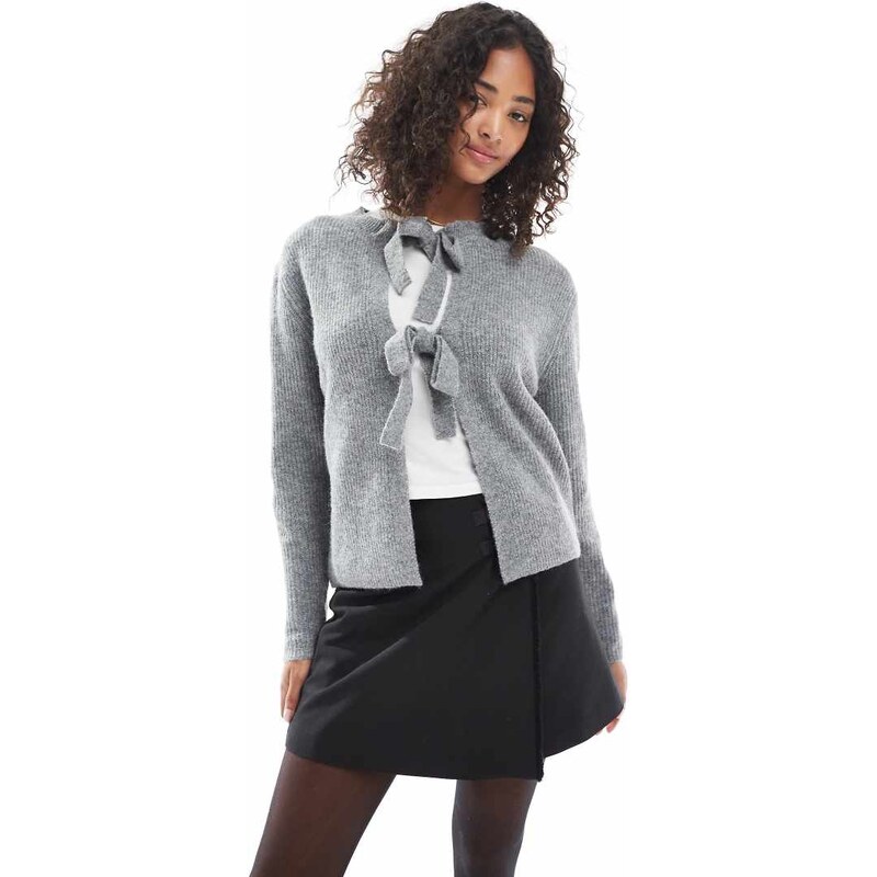 Pieces reversable tie front cardigan in grey
