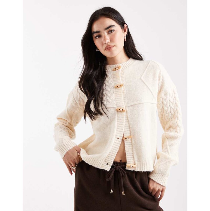 Daisy Street cable knit cardigan with brown toggles in cream-White 109187149