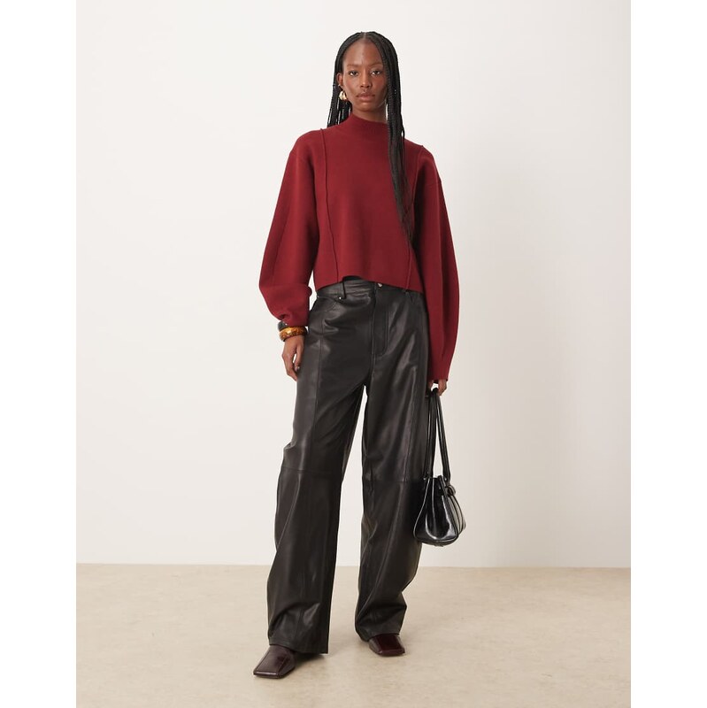 ASOS DESIGN structured boxy funnel neck jumper in burgundy