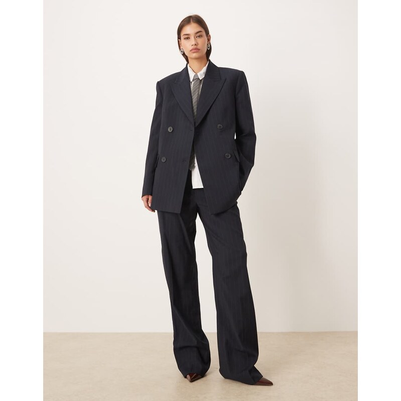 Mango Varsovia tailored flared trouser co-ord in navy pinstripe 109141501