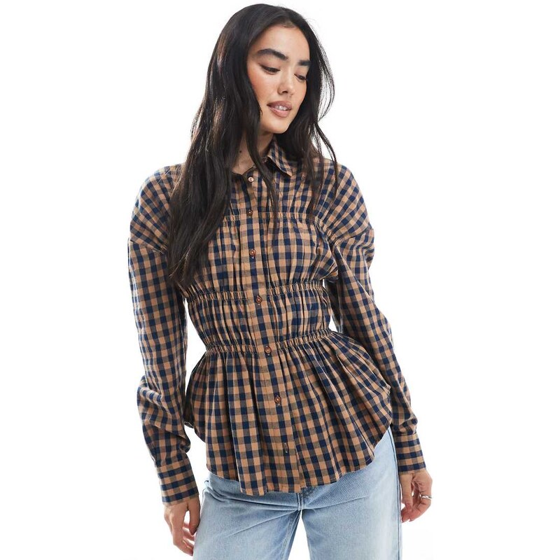 ASOS DESIGN smocked detail shirt in gingham check-Multi
