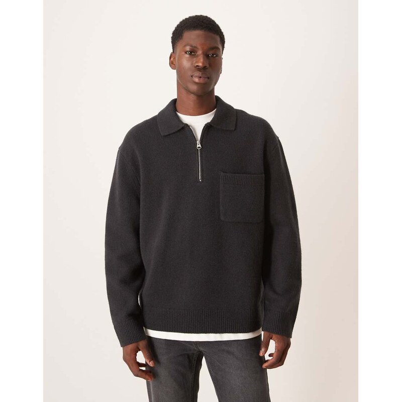 ARKET half zip oversized wool polo jumper in washed black