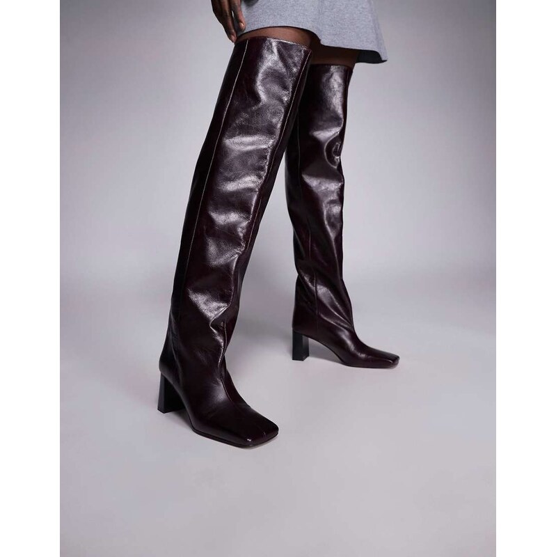 ASOS DESIGN Kane square toe slouchy over the knee boots in burgundy leather-Red