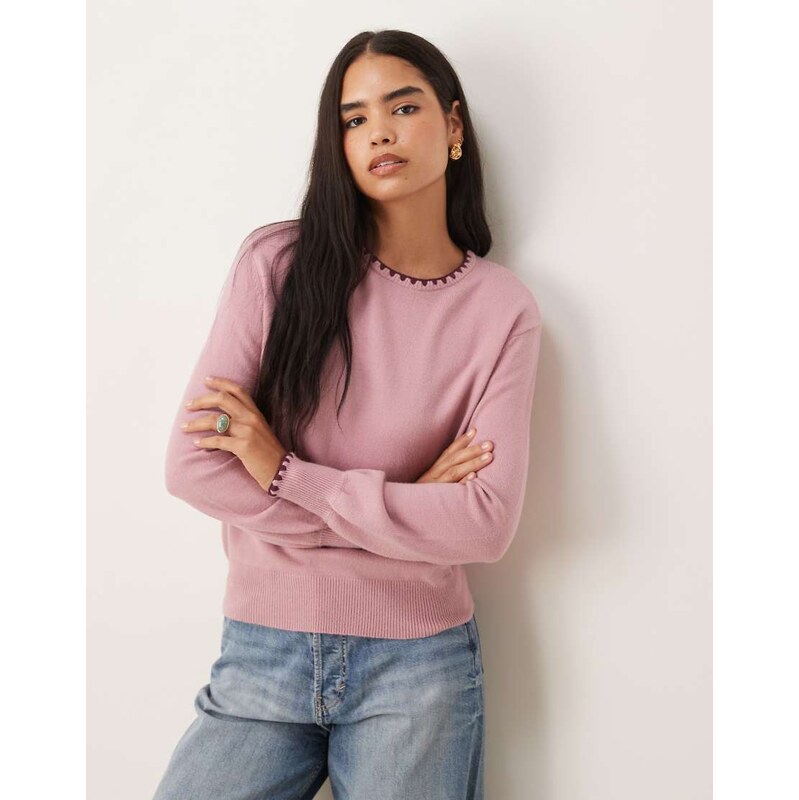 Threadbare crew neck jumper with contrast blanket stitch in pink