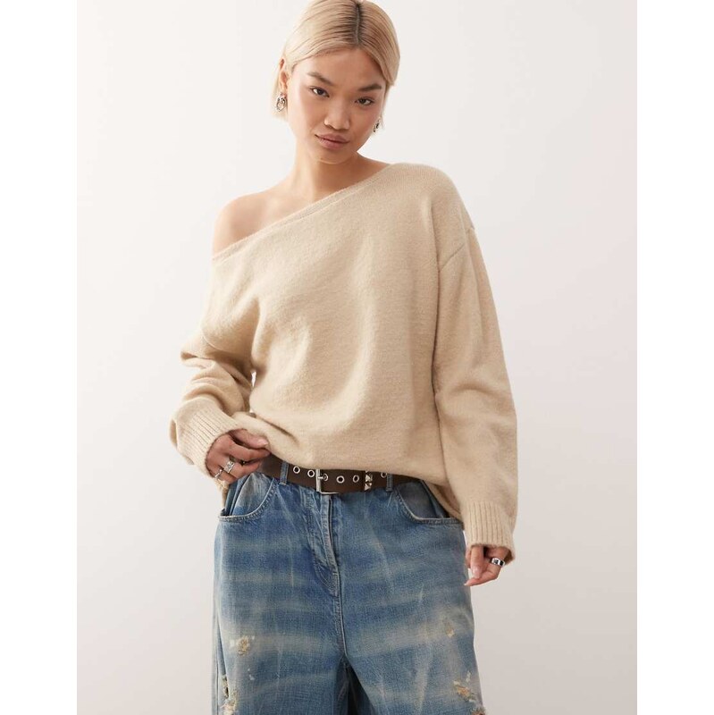 COLLUSION off shoulder knitted jumper in beige-Brown