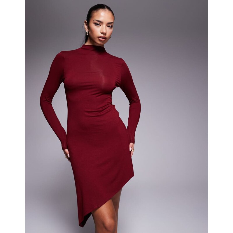 ASOS DESIGN ribbed asymmetric hem mini dress in wine-Red