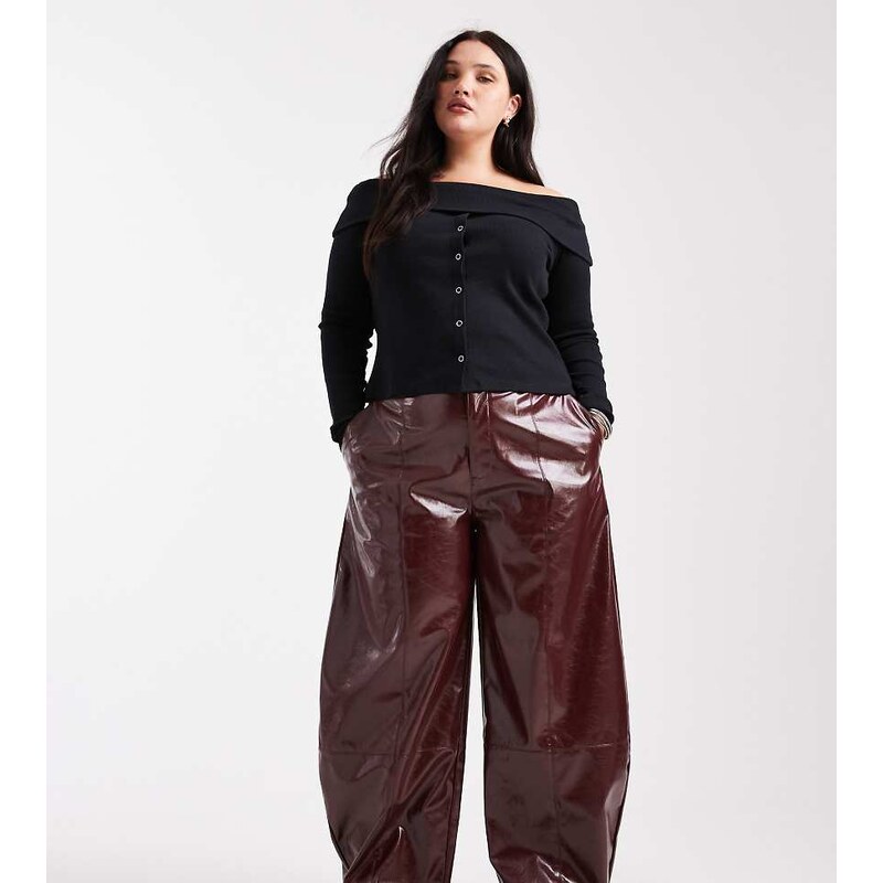 ASOS DESIGN Curve faux leather barrel leg trousers with tab