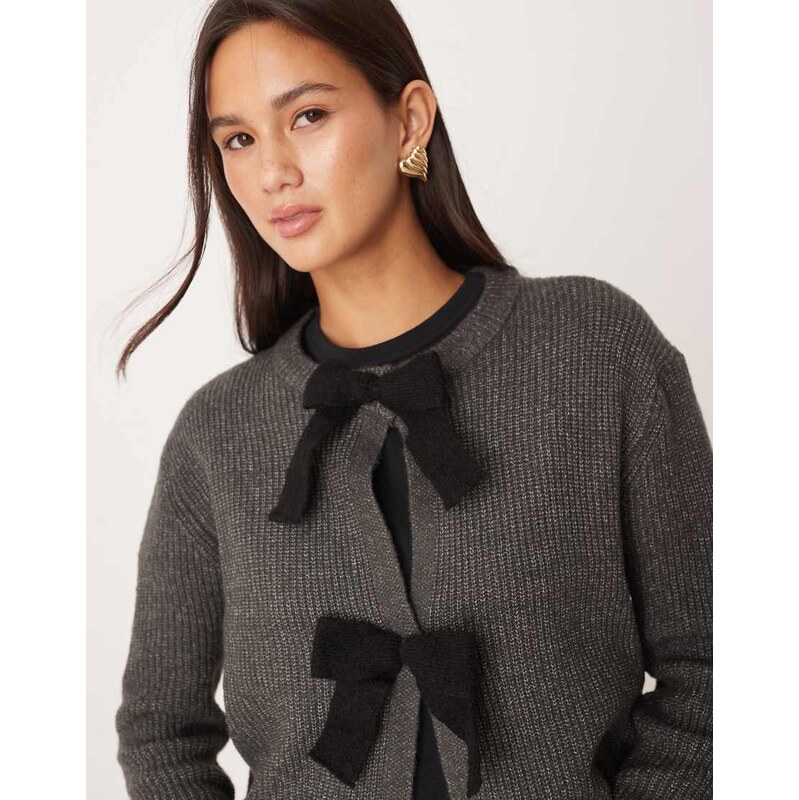 Brave Soul cardigan with velvet bow detail in charcoal-Grey