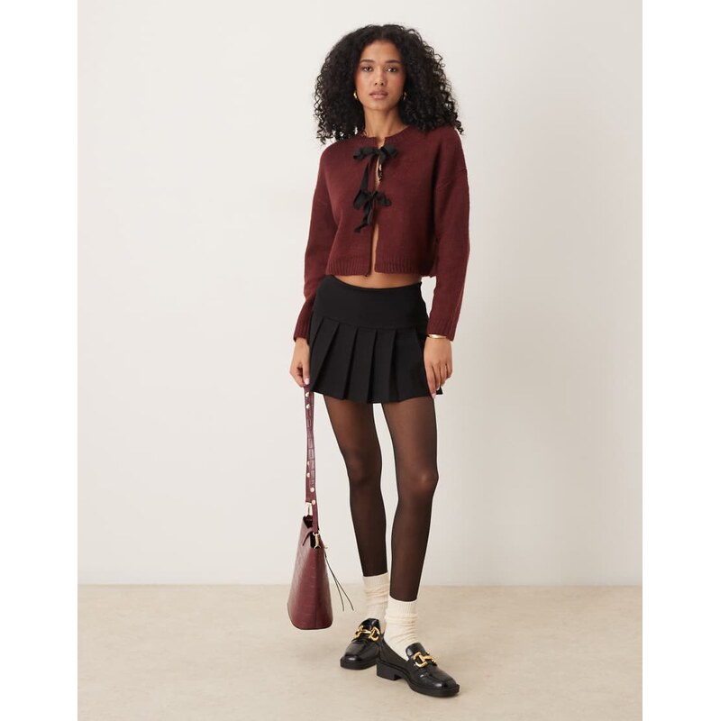 Brave Soul cropped cardigan with black ribbon ties in burgundy