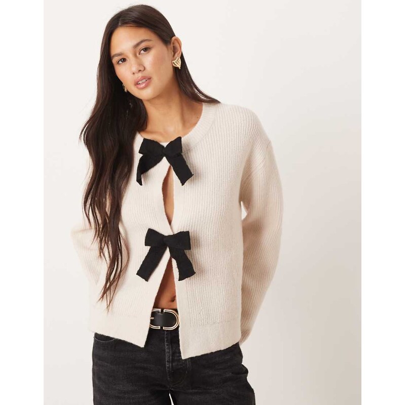 Brave Soul cardigan with velvet bow detail in cream-White