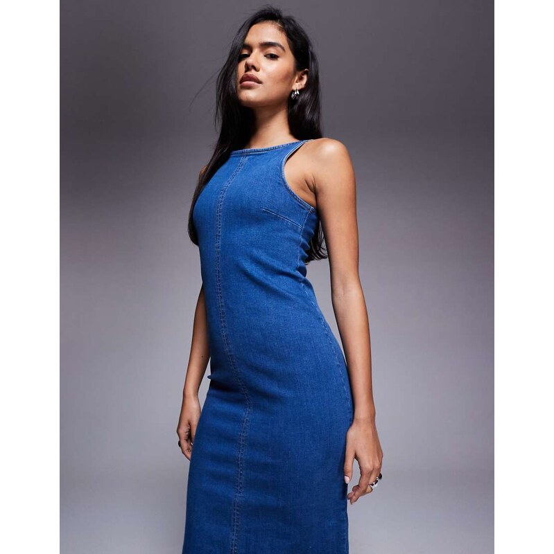 ASOS DESIGN denim minimal midi dress in dark wash-Blue