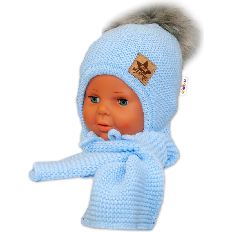 Baby Nellys Zimní čepička s šálou - chlupáčková bambulka - sv.