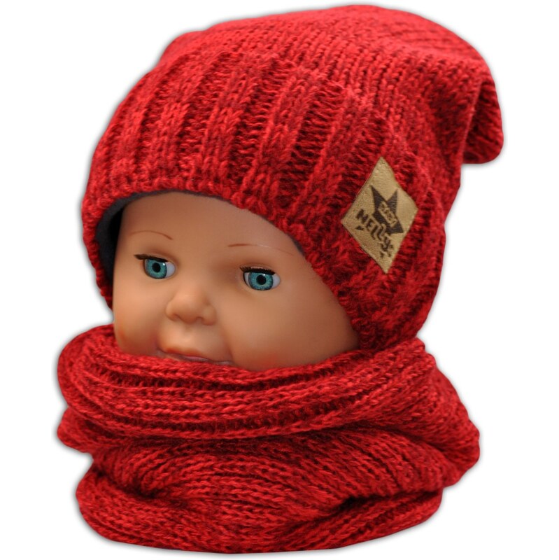 BABY NELLYS Podzimní/zimní čepice s komínkem - červená melír 99060445