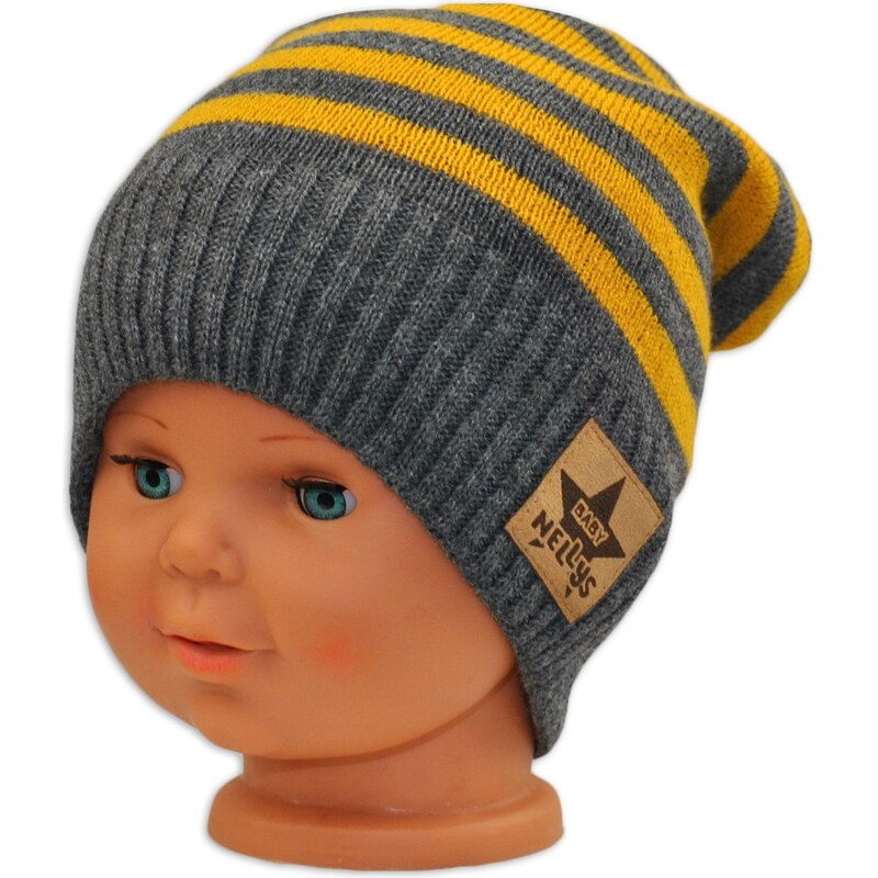 Baby Nellys Podzimní/zimní proužkovaná čepice - šedo/žlutá 99061795