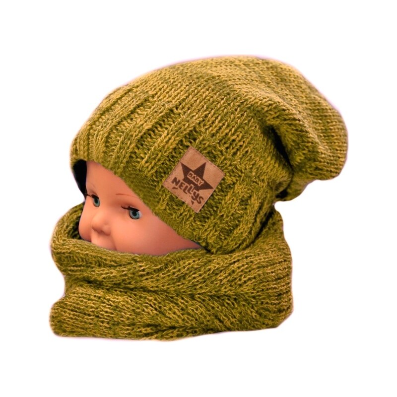 BABY NELLYS Podzimní/zimní čepice s komínkem - hořčicový melír 99061238