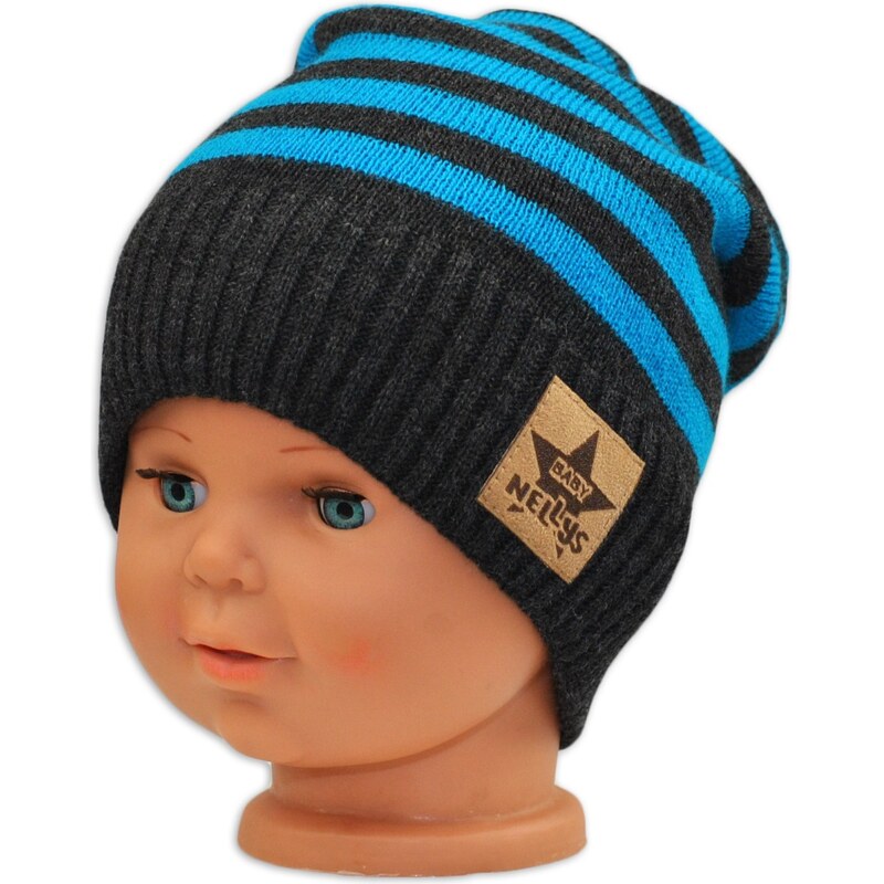 Baby Nellys Podzimní/zimní proužkovaná čepice -grafit/tyrkys 99927428