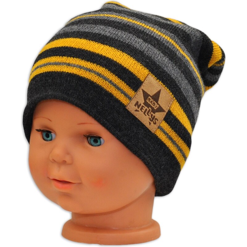 Baby Nellys Podzimní/zimní proužkovaná čepice - grafit/šedá/žlutá 99263048