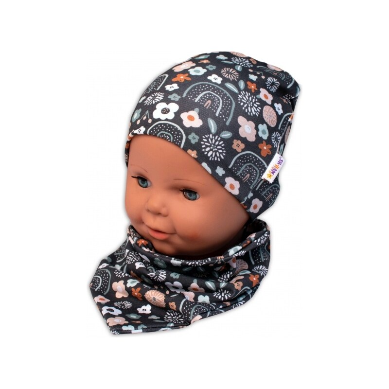 Baby Nellys Dvouvrstvá čepice + šátek Palouček, grafit, vel. 92/98 99060993