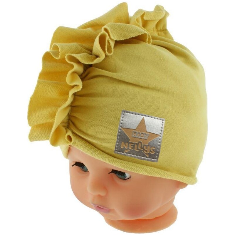 Baby Nellys Jarní/podzimní bavlněná čepice - turban, hořčicová 99060859