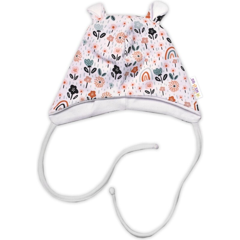 Baby Nellys Kojenecká čepička s oušky na zavazování - Palouček, bílá 99061007