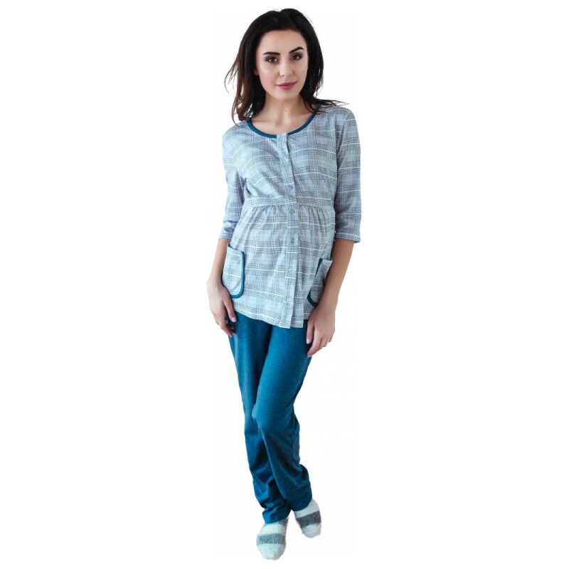 Be MaaMaa Těhotenské,kojící pyžamo, 3/4 rukáv - šedá/jeans 99844938