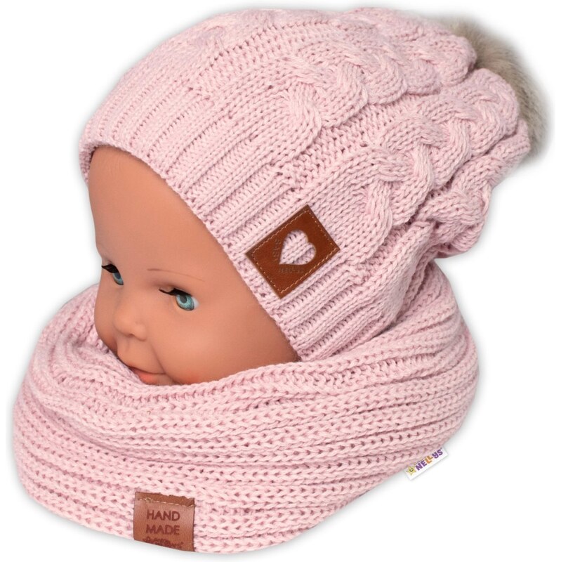 BABY NELLYS Zimní dvouvrstvá čepice s bambulí + komínek Love,