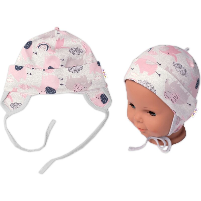 Baby Nellys Bavlněná čepička na zavazování, Sloníci, růžová, lem šedý 99061712