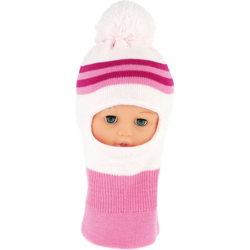 BABY NELLYS Zimní čepička/kukla s bambuli - sv. růžová s proužky