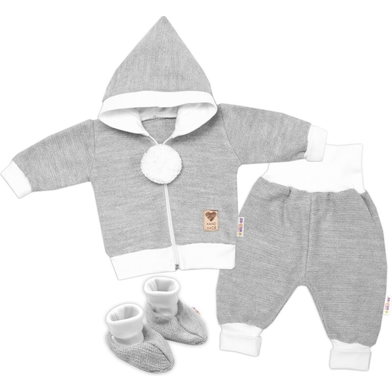 Baby Nellys 3-dílná souprava Hand made, pletený kabátek, kalhoty a 99060010