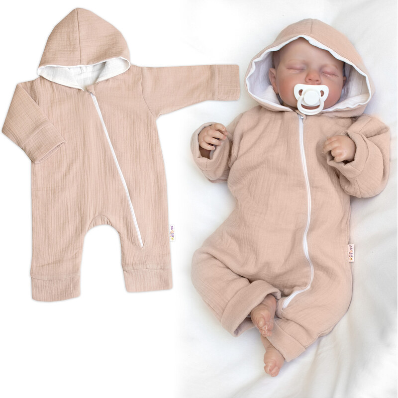 Baby Nellys Mušelinový overálek s kapucí, dvouvrstvý, Hand Made, 99263049