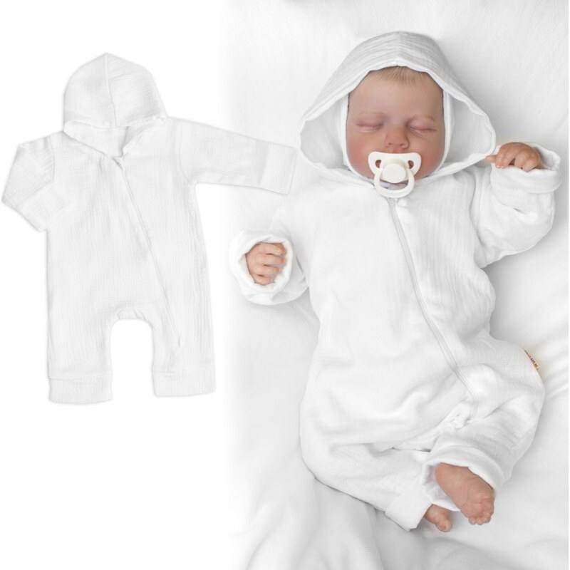 Baby Nellys Mušelinový overálek s kapucí, dvouvrstvý, Hand Made, bílý 99844709