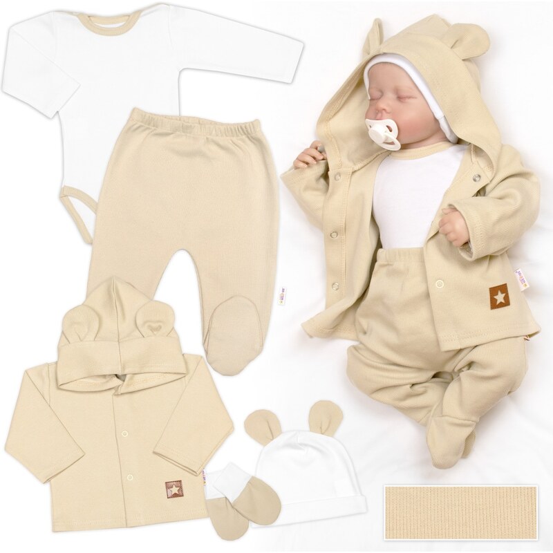 Baby Nellys Žebrovaná sada, Star 5D, body, polodupačky, kabátek,