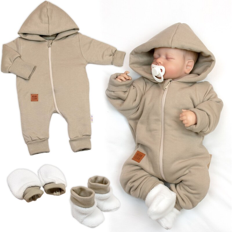 Baby Nellys Bavlněný oteplený overálek s kapucí, rukavičky,