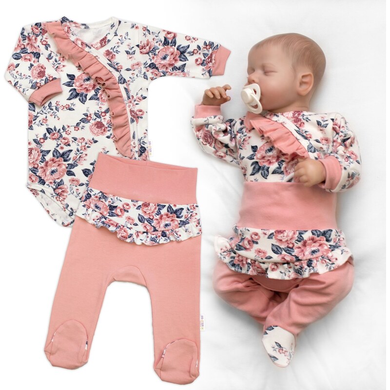 Baby Nellys Bavlněná sada 2D, body + polodupačky Růžičky, pudrově 100821707