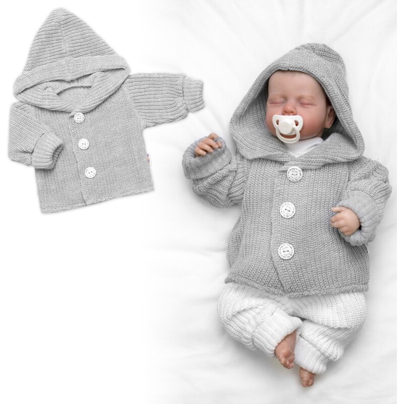 Baby Nellys Pletený svetřík s kapucí a knoflíčky Made with Love, šedý 100527137