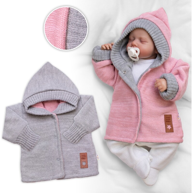 Baby Nellys Rostoucí oboustranný svetřík s kapucí Hand Made, růžová 102661358