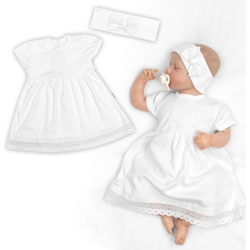 Baby Nellys Luxusní šatičky s krajkou SOFIA, krátkým rukávek + čelenka 106793209