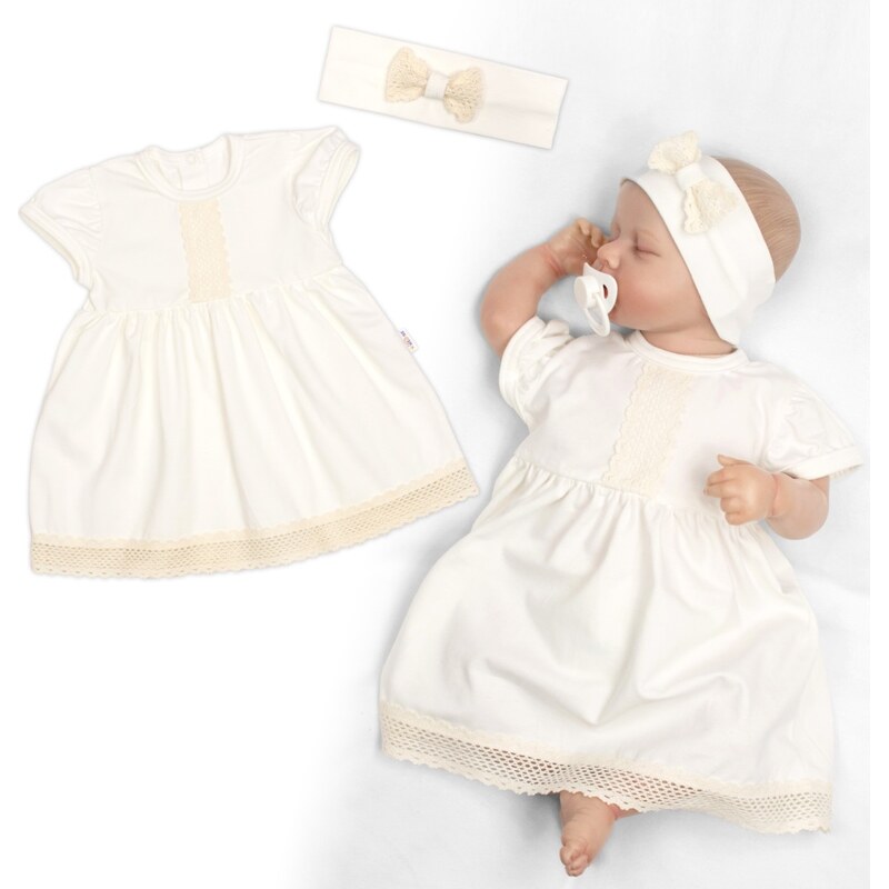 Baby Nellys Luxusní šatičky s krajkou Sofia, krátkým rukávek + čelenka 106828571