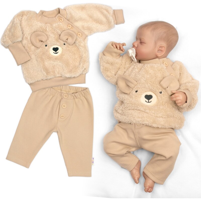 Baby Nellys Rostoucí chlupáčková mikina a kalhoty Medvídek, 2D béžová 107022150