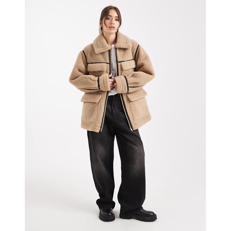 ASOS DESIGN borg outer mid length jacket in stone-Neutral
