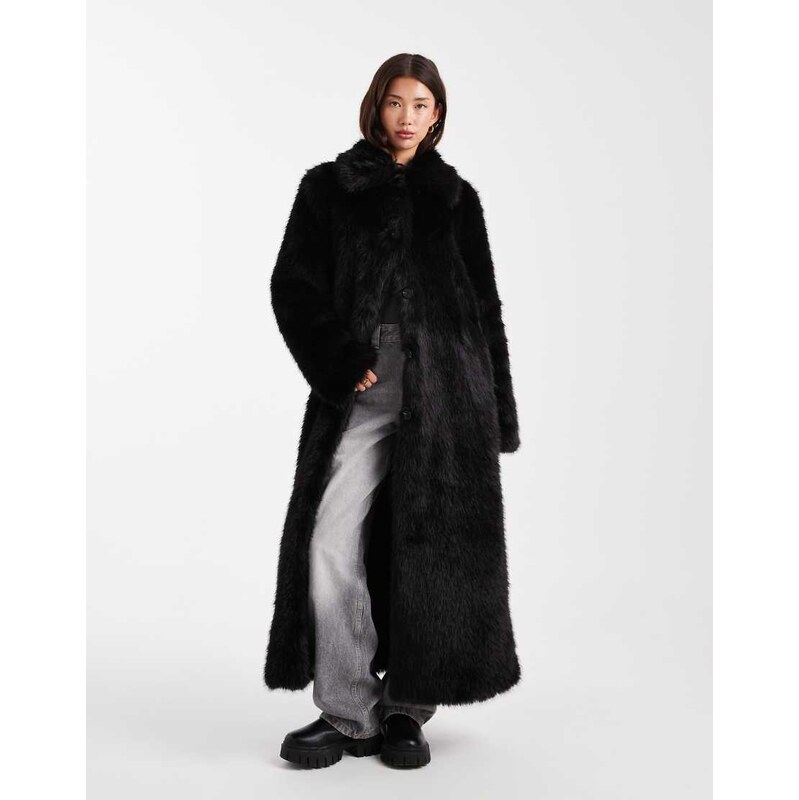 ASOS DESIGN longline tipped faux fur car coat in black